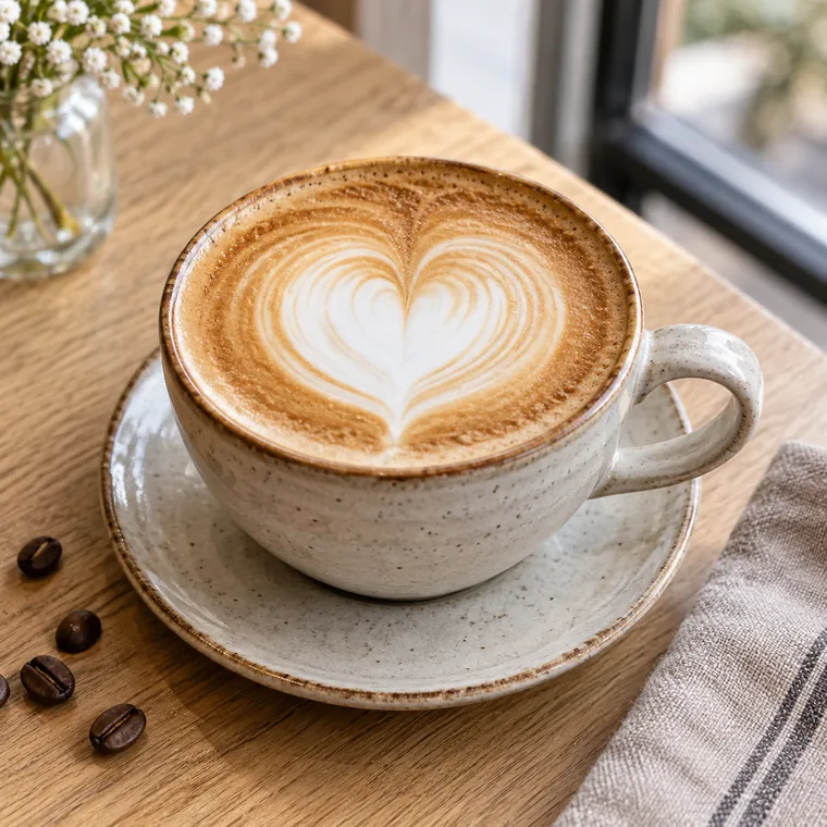 Cappuccino szív alakú tejhabbal pöttyös kerámiacsészében, mellette néhány kávészem