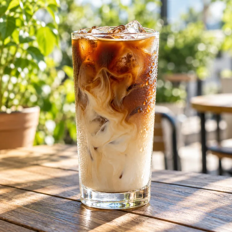 Jeges latte magas pohárban, a tej és a kávé összekeveredőben, napos teraszasztalon