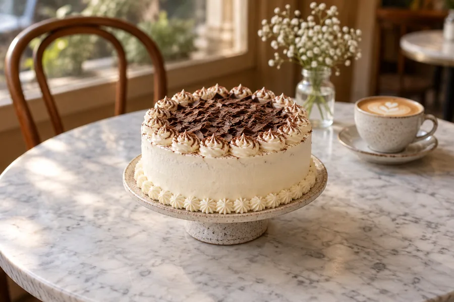 Egész krémtorta csokoládéforgáccsal tortaállványon, a kávézó márványasztalán