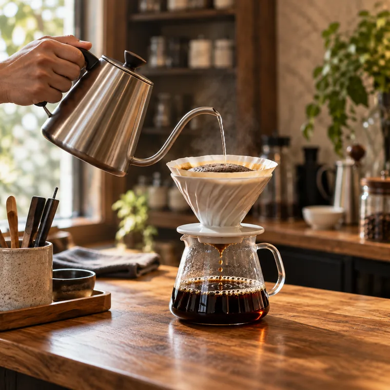 Kézi V60-as filterkávé készül hattyúnyakú kannával a fapulton
